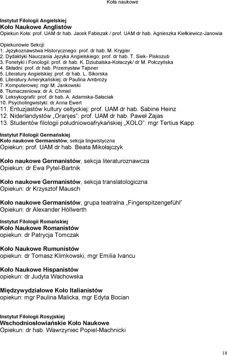 Tajser 5 Literatury Agielskiej: prof dr hab L ikorska 6 Literatury Amerykańskiej: dr Paulia Ambroży 7 Komputerowej: mgr M Jakowski 8 Tłumaczeiowa: dr A Chmiel 9 Leksykografii: prof dr hab A