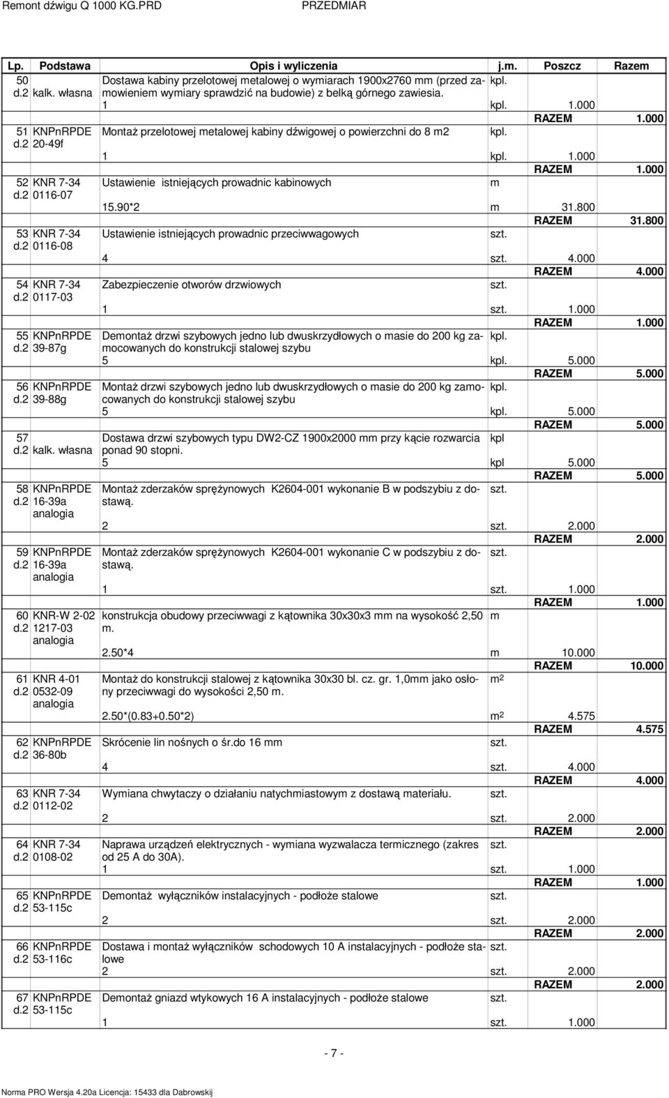 53 KNR 7-34 Ustawienie istniejących prowadnic przeciwwagowych d2 0116-08 4 4000 RAZEM 4000 54 KNR 7-34 Zabezpieczenie otworów drzwiowych d2 0117-03 1 1000 55 KNPnRPDE DeontaŜ drzwi szybowych jedno