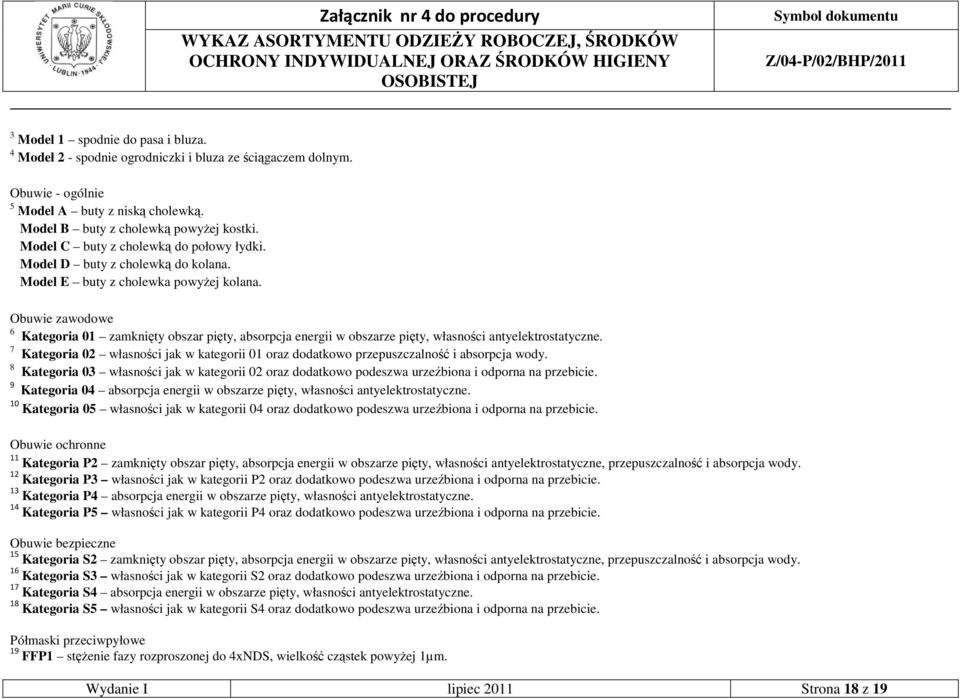 Obuwie zawodowe 6 Kategoria 01 zamknięty obszar pięty, absorpcja energii w obszarze pięty, własności antyelektrostatyczne.