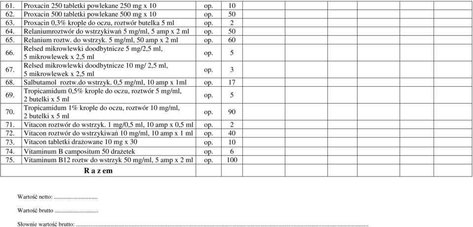 5 67. Relsed mikrowlewki doodbytnicze 10 mg/ 2,5 ml, 5 mikrowlewek x 2,5 ml op. 3 68. Salbutamol roztw.do wstrzyk. 0,5 mg/ml, 10 amp x 1ml op. 17 69.