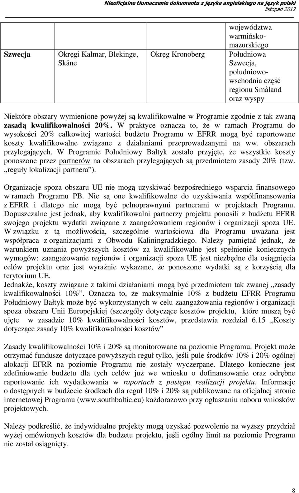 W praktyce oznacza to, Ŝe w ramach Programu do wysokości 20% całkowitej wartości budŝetu Programu w EFRR mogą być raportowane koszty kwalifikowalne związane z działaniami przeprowadzanymi na ww.