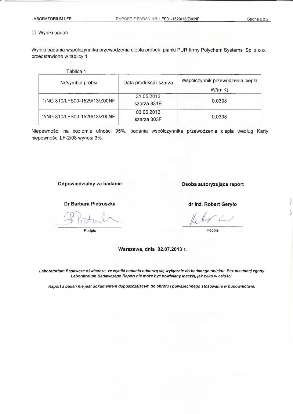 2013 szarża 303F Współczynnik przewodzenia ciepła W/(m K) 0,0398 0,0398 Niepewność, na poziomie ufności 95%, badania współczynnika przewodzenia ciepła według Karty niepewności LF-2/08 wynosi 3%.