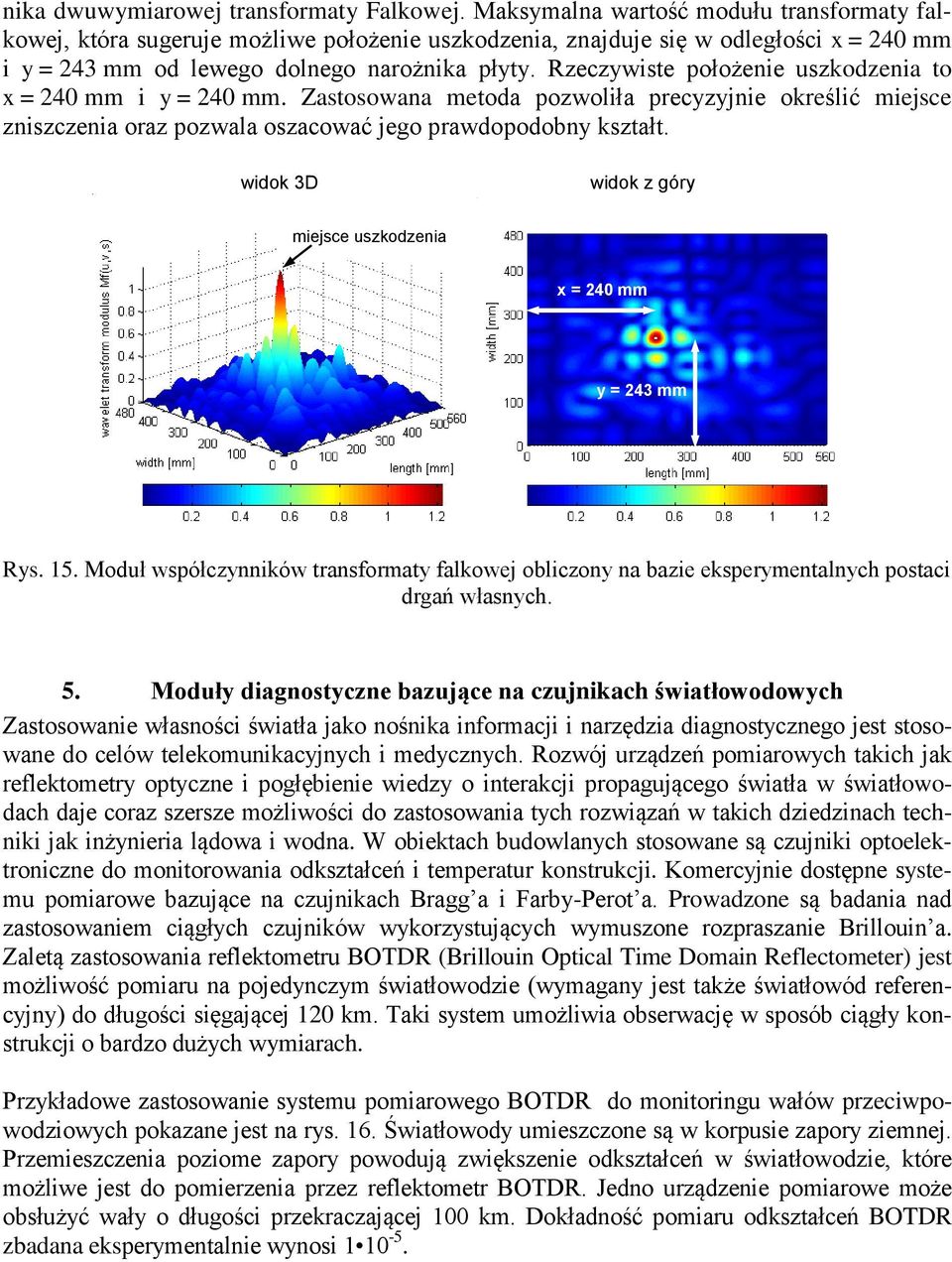 Rzeczywiste położenie uszkodzenia to x = 240 mm i y = 240 mm. Zastosowana metoda pozwoliła precyzyjnie określić miejsce zniszczenia oraz pozwala oszacować jego prawdopodobny kształt.