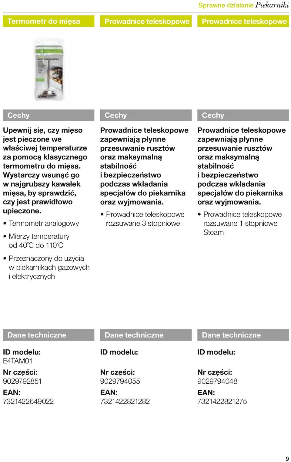 Termometr analogowy Mierzy temperatury od 40 C do 110 C Przeznaczony do użycia w piekarnikach gazowych i elektrycznych Prowadnice teleskopowe zapewniają płynne przesuwanie rusztów oraz maksymalną