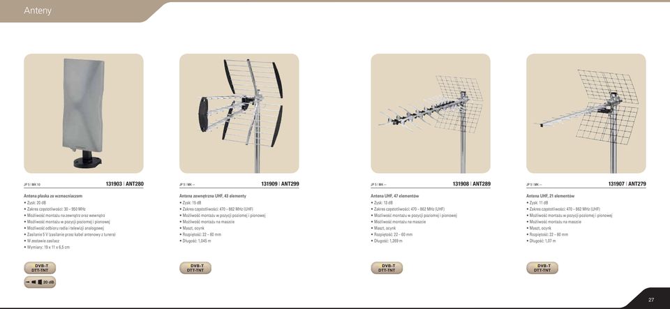 analogowej Zasilanie 5 V (zasilanie przez kabel antenowy z tunera) W zestawie zasilacz Wymiary: 19 x 11 x 6,5 cm Zysk: 15 db Zakres częstotliwości: 470 862 MHz (UHF) Możliwość montażu w pozycji