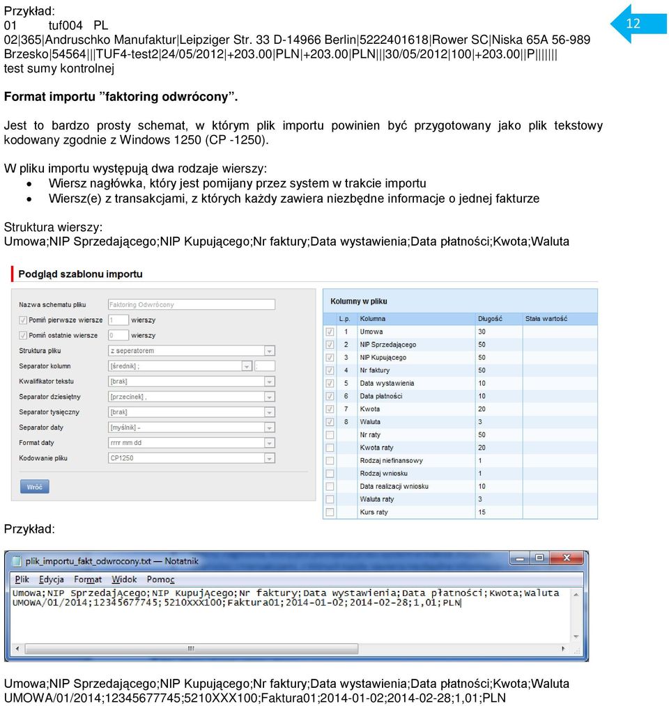Jest to bardzo prosty schemat, w którym plik importu powinien być przygotowany jako plik tekstowy kodowany zgodnie z Windows 1250 (CP -1250).