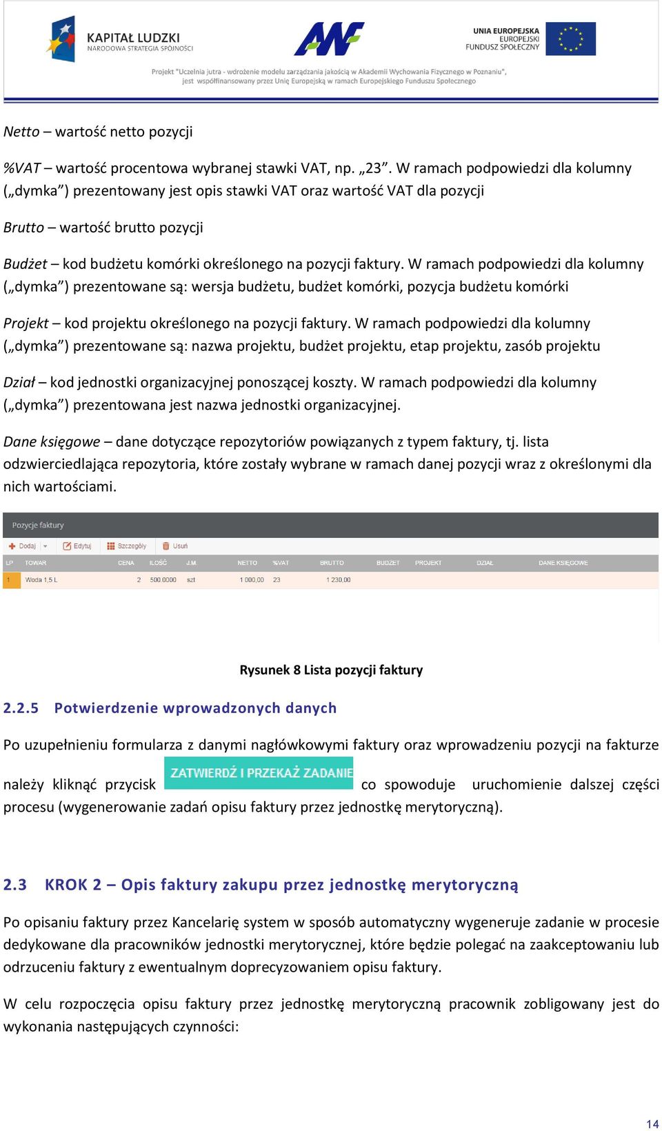 W ramach podpowiedzi dla kolumny ( dymka ) prezentowane są: wersja budżetu, budżet komórki, pozycja budżetu komórki Projekt kod projektu określonego na pozycji faktury.