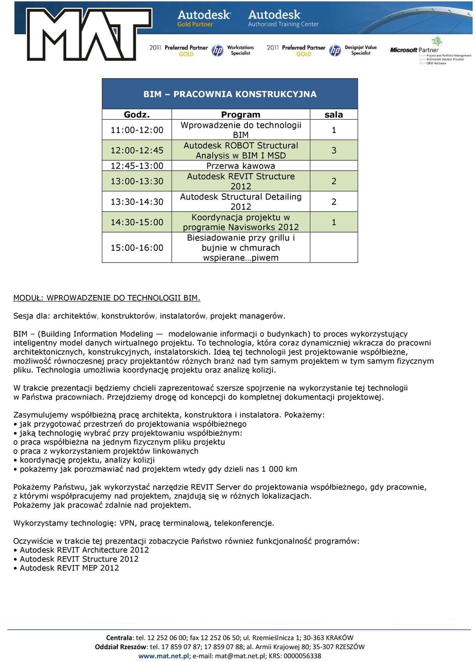 13:30-14:30 Autodesk Structural Detailing 2012 2 14:30-15:00 Koordynacja projektu w programie Navisworks 2012 1 15:00-16:00 Biesiadowanie przy grillu i bujnie w chmurach wspierane piwem MODUŁ: