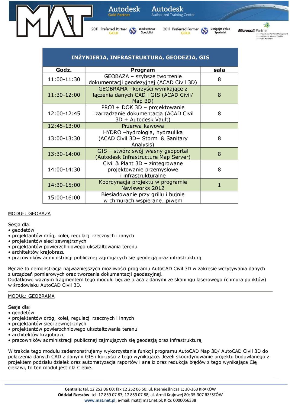 PROJ + DOK 3D projektowanie i zarządzanie dokumentacją (ACAD Civil 8 3D + Autodesk Vault) 12:45-13:00 Przerwa kawowa 13:00-13:30 HYDRO hydrologia, hydraulika (ACAD Civil 3D+ Storm & Sanitary 8