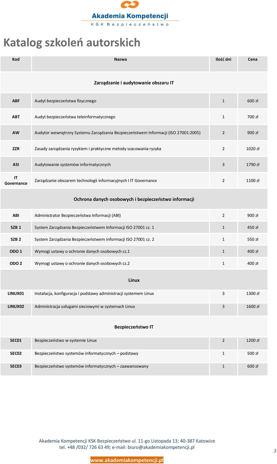 informatycznych 3 1790 zł IT Governance Zarządzanie obszarem technologii informacyjnych I IT Governance 2 1100 zł Ochrona danych osobowych i bezpieczeostwo informacji ABI Administrator Bezpieczeostwa