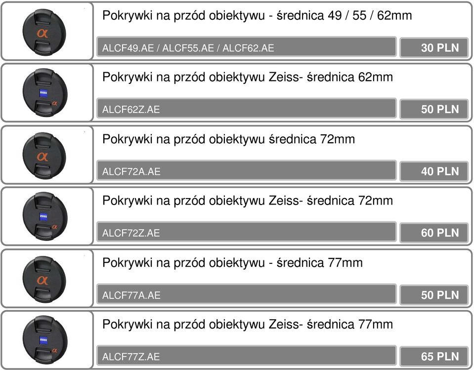 AE 50 PLN Pokrywki na przód obiektywu średnica 72mm ALCF72A.