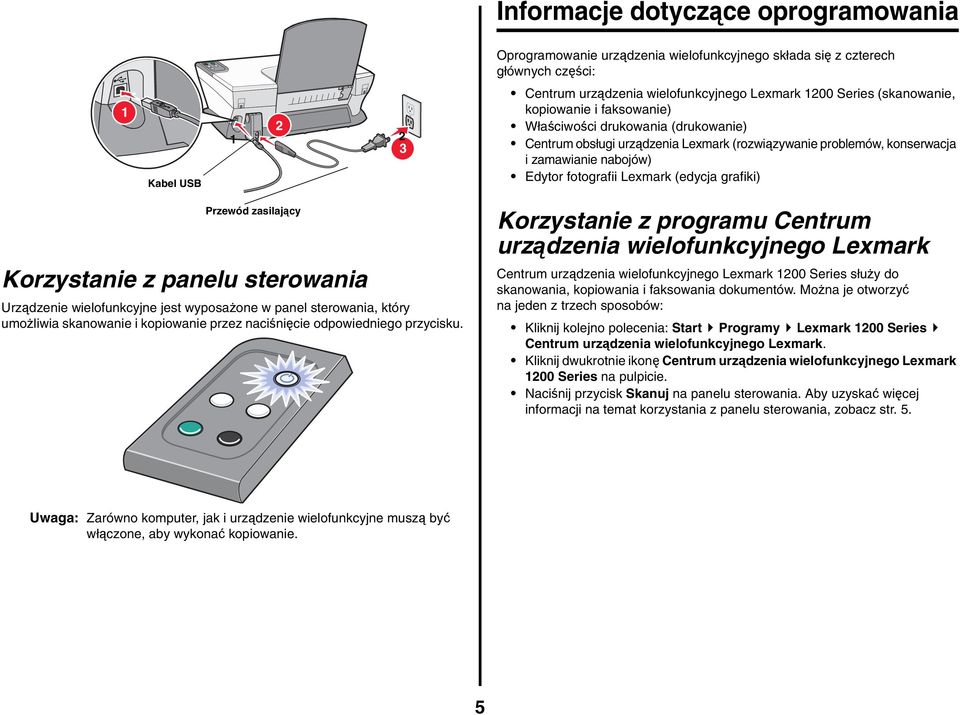 (edycja grafiki) Przewód zasilający Korzystanie z panelu sterowania Urządzenie wielofunkcyjne jest wyposażone w panel sterowania, który umożliwia skanowanie i kopiowanie przez naciśnięcie