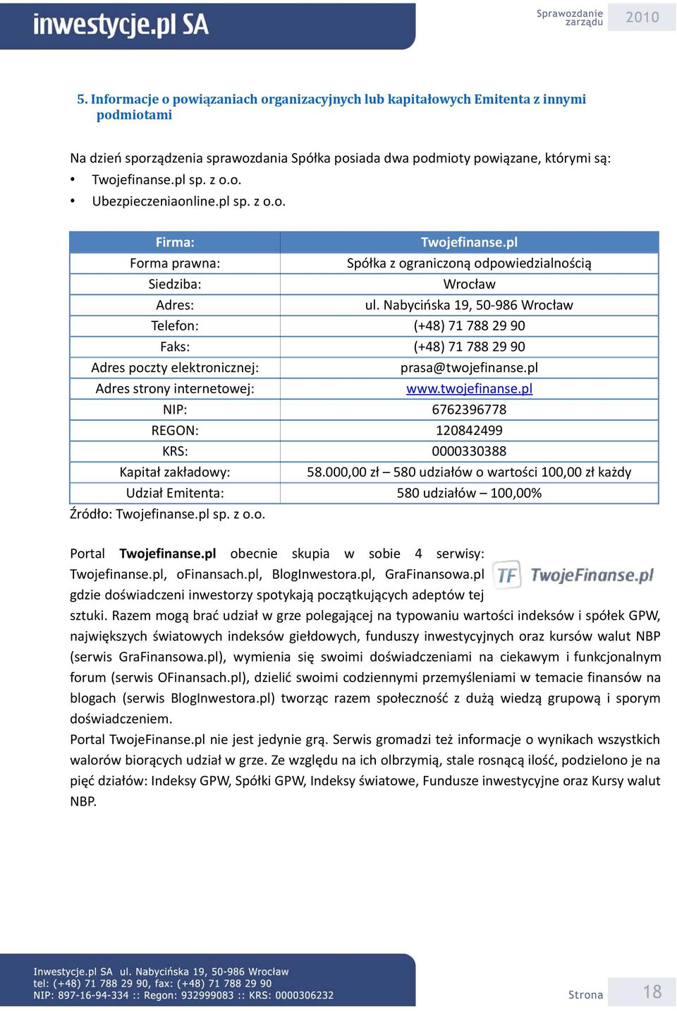 Nabycińska 19, 50-986 Wrocław Telefon: (+48) 71 788 29 90 Faks: (+48) 71 788 29 90 Adres poczty elektronicznej: prasa@twojefinanse.