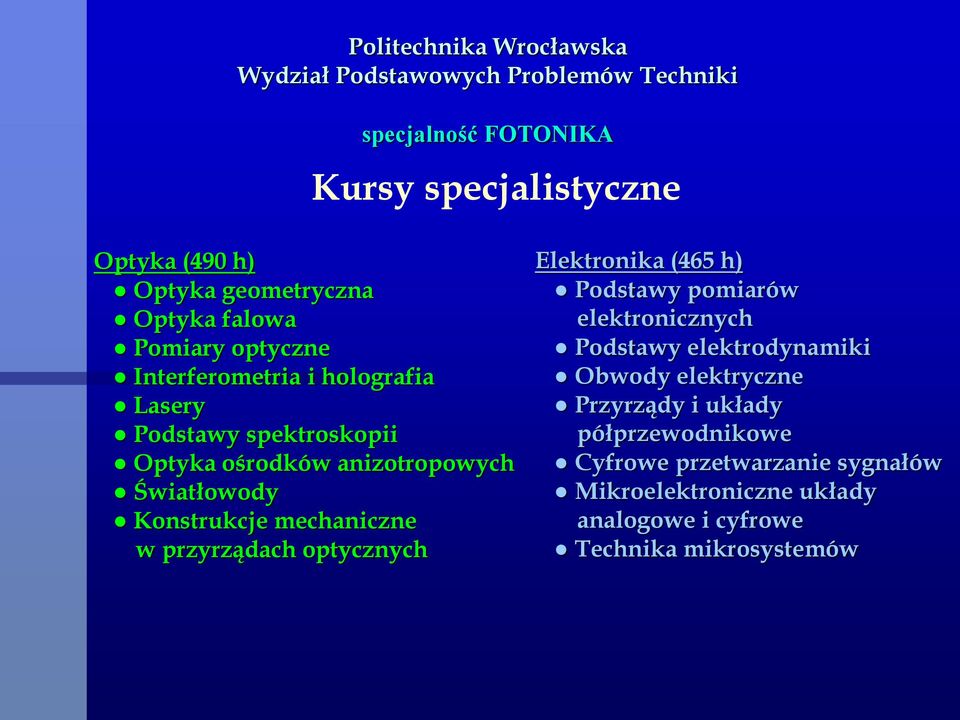 Światłowody Konstrukcje mechaniczne w przyrządach optycznych Elektronika (465 h) Podstawy pomiarów elektronicznych Podstawy elektrodynamiki