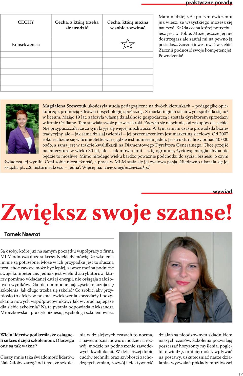 Magdalena Szewczuk ukończyła studia pedagogiczne na dwóch kierunkach pedagogikę opiekuńczą z promocją zdrowia i psychologię społeczną. Z marketingiem sieciowym spotkała się już w liceum.