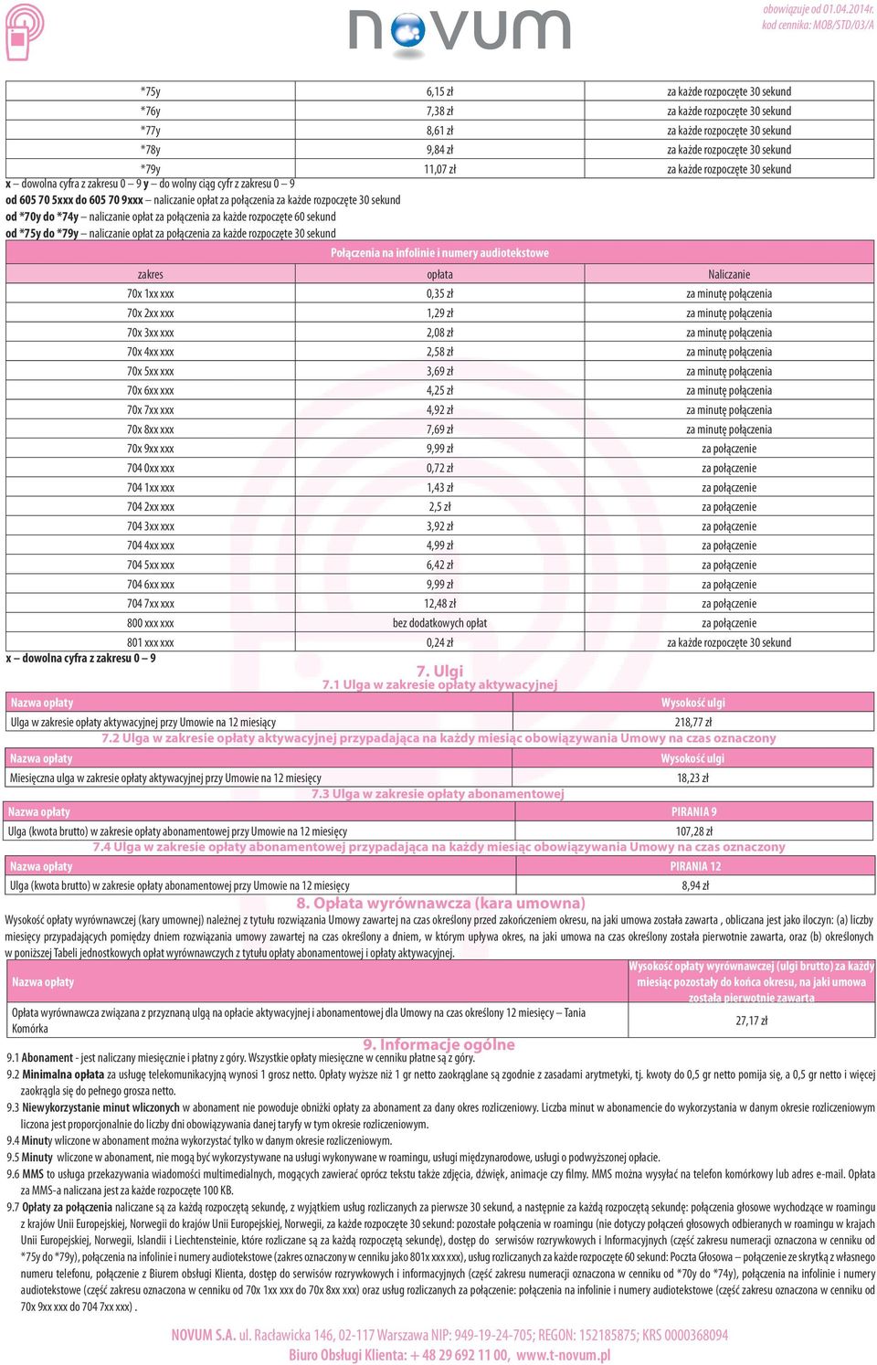 naliczanie opłat za połączenia za każde rozpoczęte 60 sekund od *75y do *79y naliczanie opłat za połączenia za każde rozpoczęte 30 sekund Połączenia na infolinie i numery audiotekstowe zakres opłata