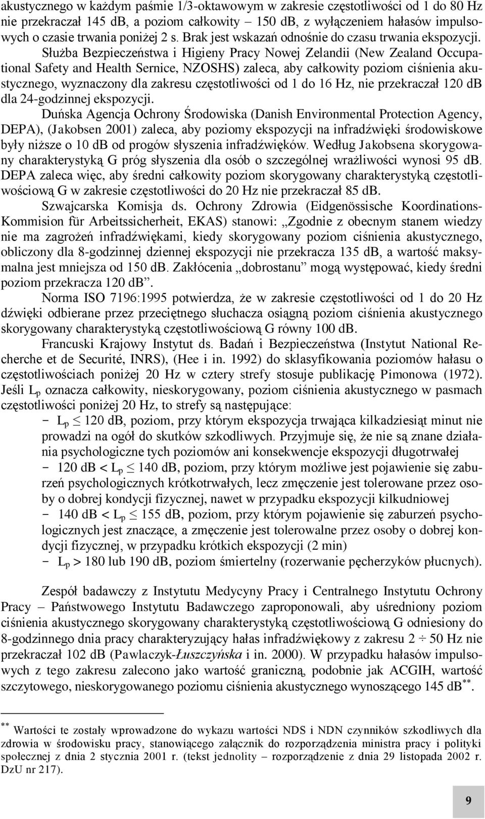 Służba Bezpieczeństwa i Higieny Pracy Nowej Zelandii (New Zealand Occupational Safety and Health Sernice, NZOSHS) zaleca, aby całkowity poziom ciśnienia akustycznego, wyznaczony dla zakresu