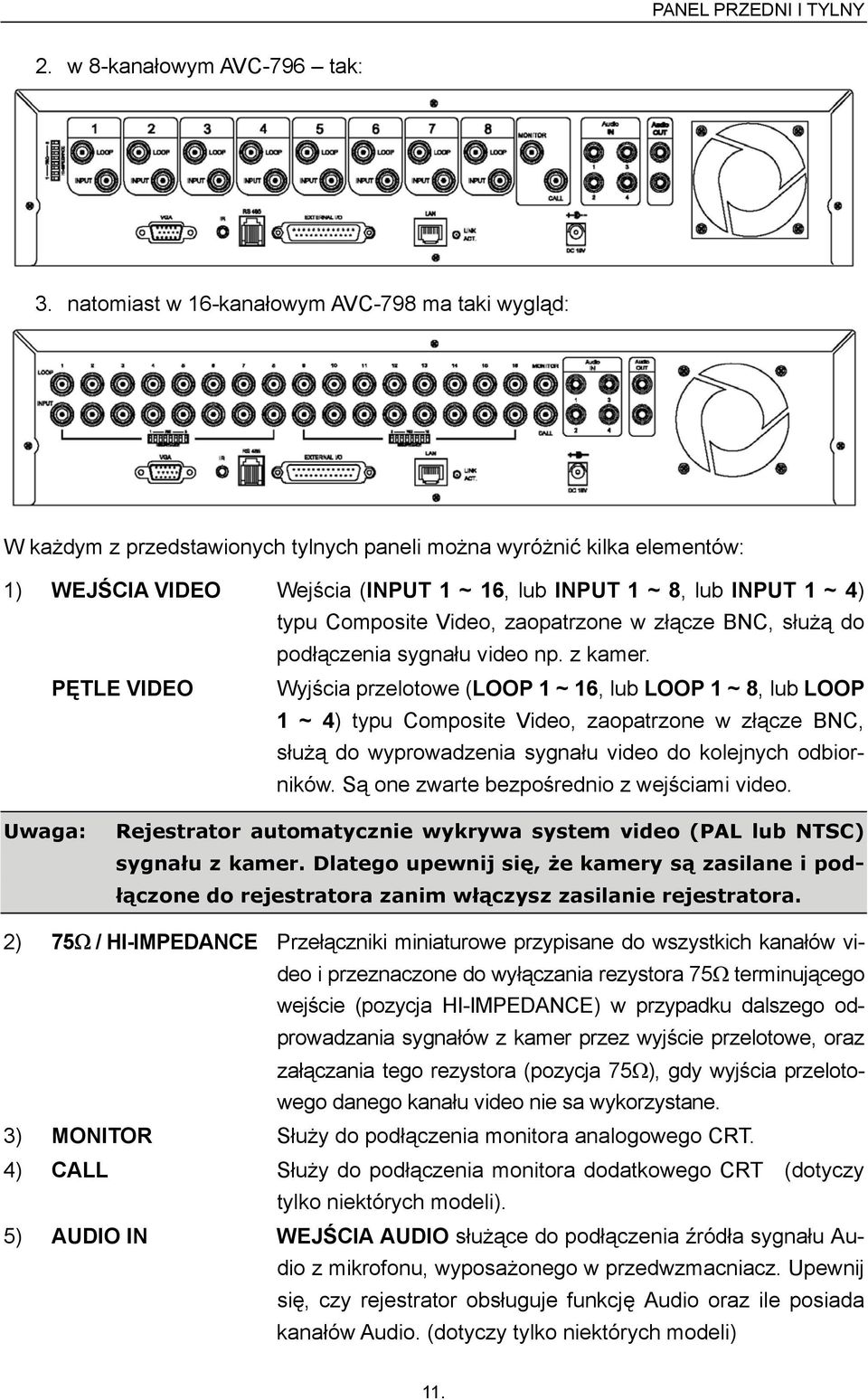 typu Composite Video, zaopatrzone w złącze BNC, służą do podłączenia sygnału video np. z kamer.