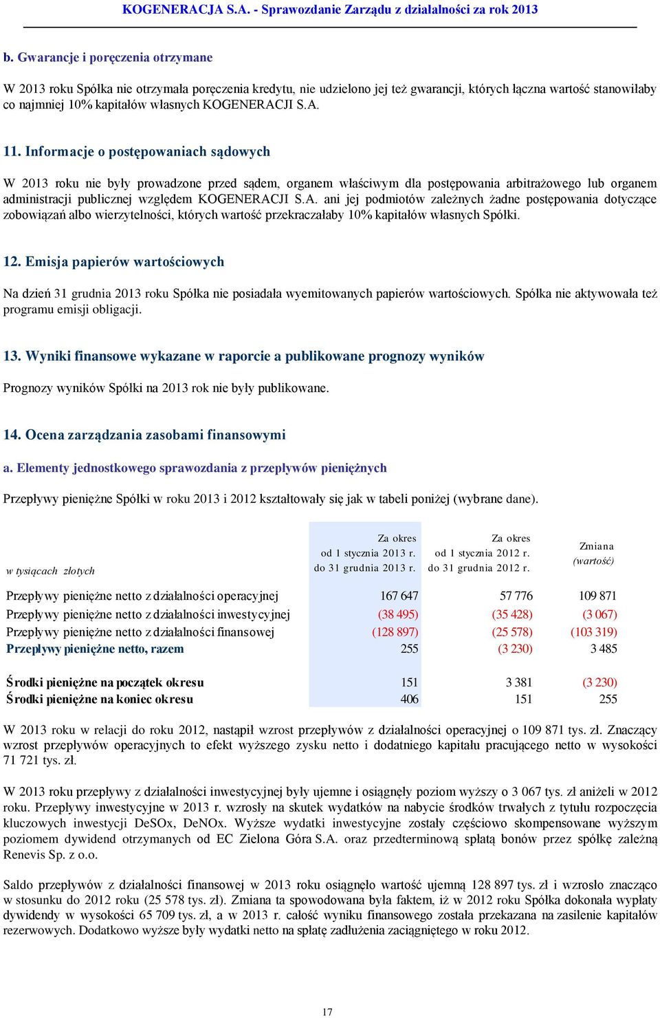 Informacje o postępowaniach sądowych W 2013 roku nie były prowadzone przed sądem, organem właściwym dla postępowania arbitrażowego lub organem administracji publicznej względem KOGENERAC