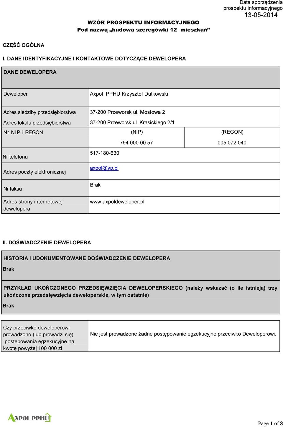 Mostowa 2 Adres lokalu przedsiębiorstwa 37-200 Przeworsk ul.