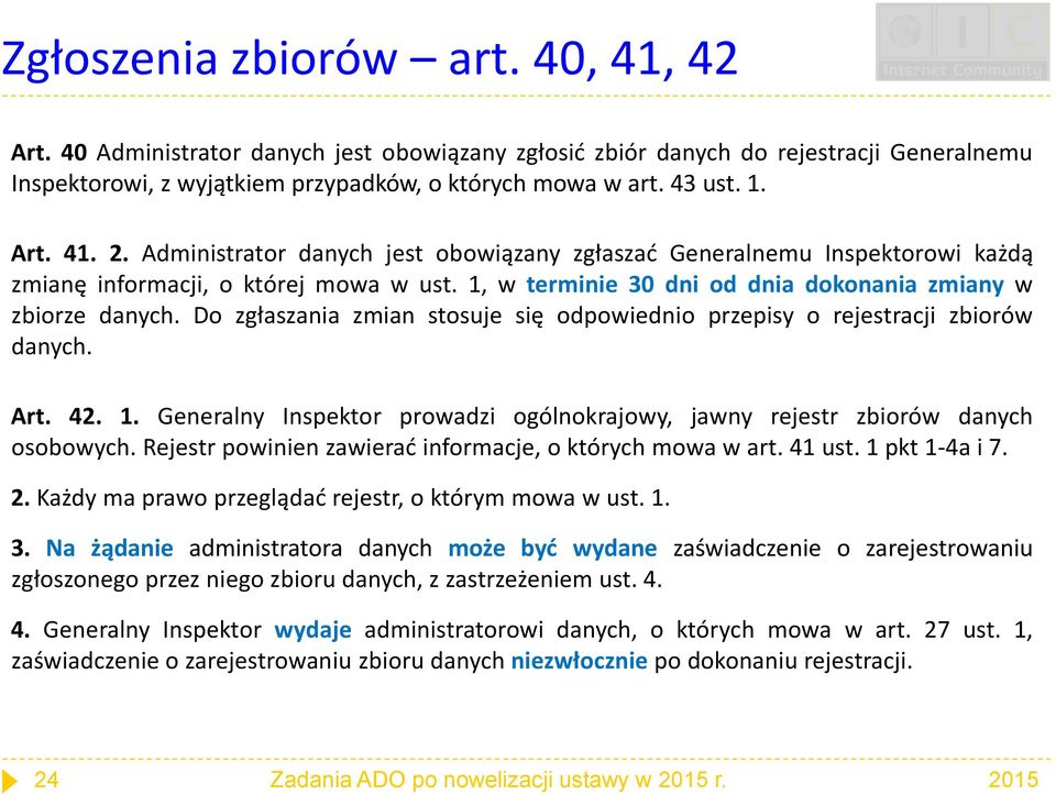 Do zgłaszania zmian stosuje się odpowiednio przepisy o rejestracji zbiorów danych. Art. 42. 1. Generalny Inspektor prowadzi ogólnokrajowy, jawny rejestr zbiorów danych osobowych.