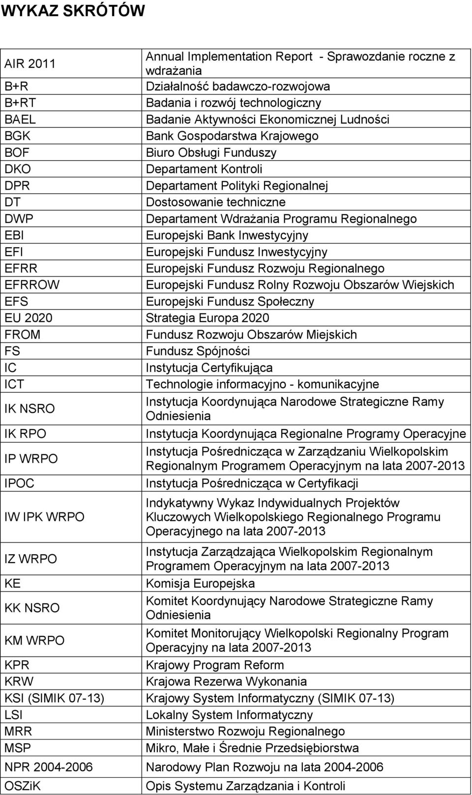 Regionalnego EBI Europejski Bank Inwestycyjny EFI Europejski Fundusz Inwestycyjny EFRR Europejski Fundusz Rozwoju Regionalnego EFRROW Europejski Fundusz Rolny Rozwoju Obszarów Wiejskich EFS