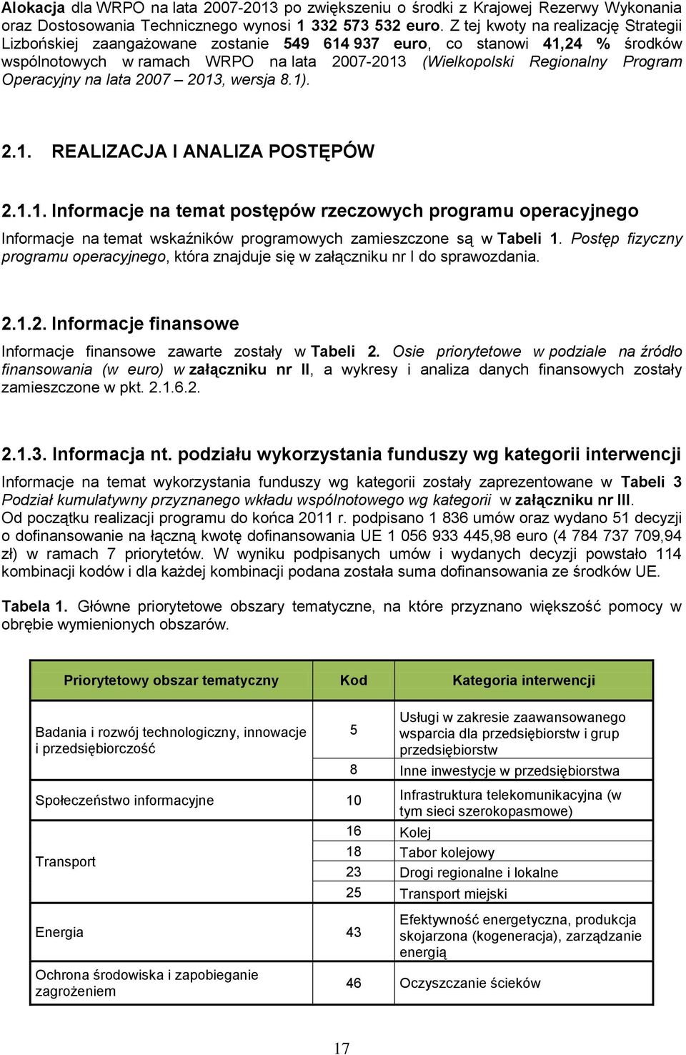 Operacyjny na lata 2007 2013, wersja 8.1). 2.1. REALIZACJA I ANALIZA POSTĘPÓW 2.1.1. Informacje na temat postępów rzeczowych programu operacyjnego Informacje na temat wskaźników programowych zamieszczone są w Tabeli 1.