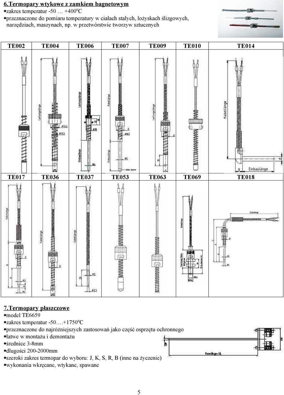 Termopary płaszczowe model TE6659 zakres temperatur -50.