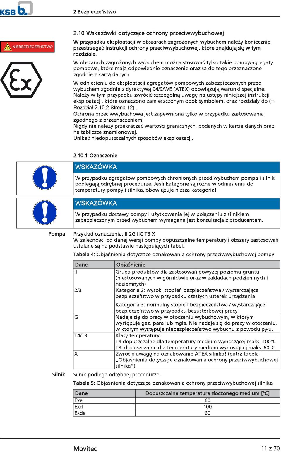 tym rozdziale. W obszarach zagrożonych wybuchem można stosować tylko takie pompy/agregaty pompowe, które mają odpowiednie oznaczenie oraz są do tego przeznaczone zgodnie z kartą danych.