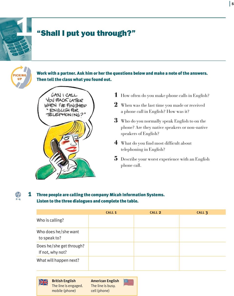 Are they native speakers or non-native speakers of English? 4 What do you find most difficult about telephoning in English? 5 Describe your worst experience with an English phone call.