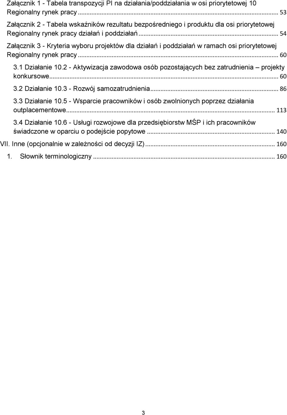 .. 54 Załącznik 3 - Kryteria wyboru projektów dla działań i poddziałań w ramach osi priorytetowej Regionalny rynek pracy... 60 3.1 Działanie 10.