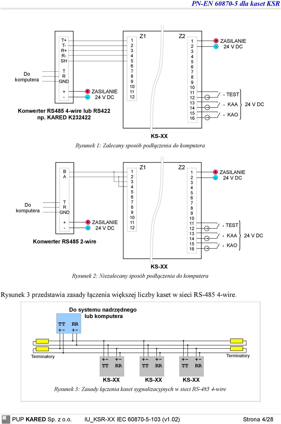 -wire + ZASILANIE - V DC TEST KAA V DC KAO KS- ysunek : Niezalecany sposób podłączenia do komputera ysunek przedstawia zasady łączenia większej liczby kaset w