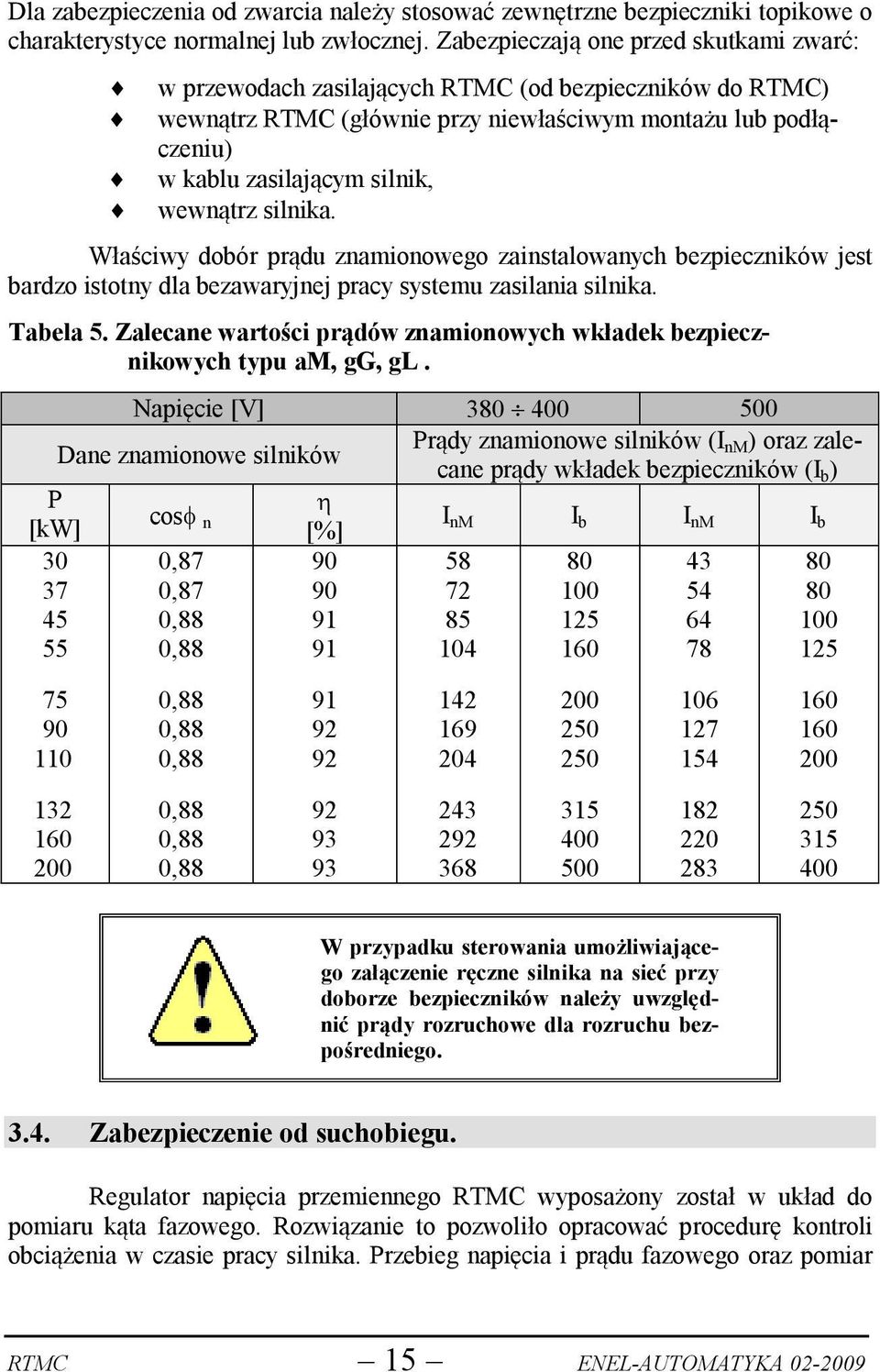 wewnątrz silnika. Właściwy dobór prądu znamionowego zainstalowanych bezpieczników jest bardzo istotny dla bezawaryjnej pracy systemu zasilania silnika. Tabela 5.