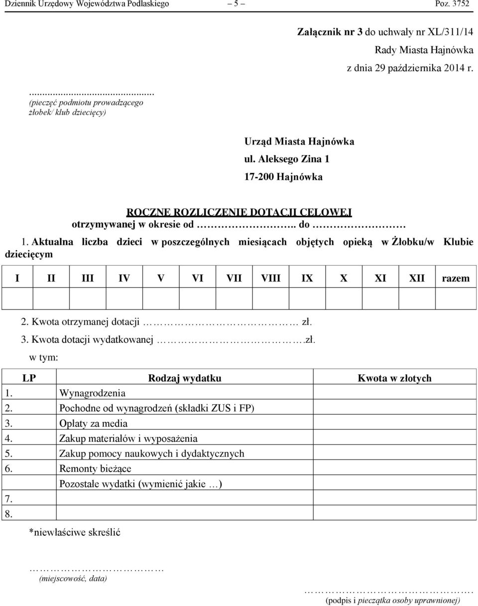 3. Kwota dotacji wydatkowanej.zł. w tym: LP Rodzaj wydatku Kwota w złotych 1. Wynagrodzenia 2. Pochodne od wynagrodzeń (składki ZUS i FP) 3. Opłaty za media 4.