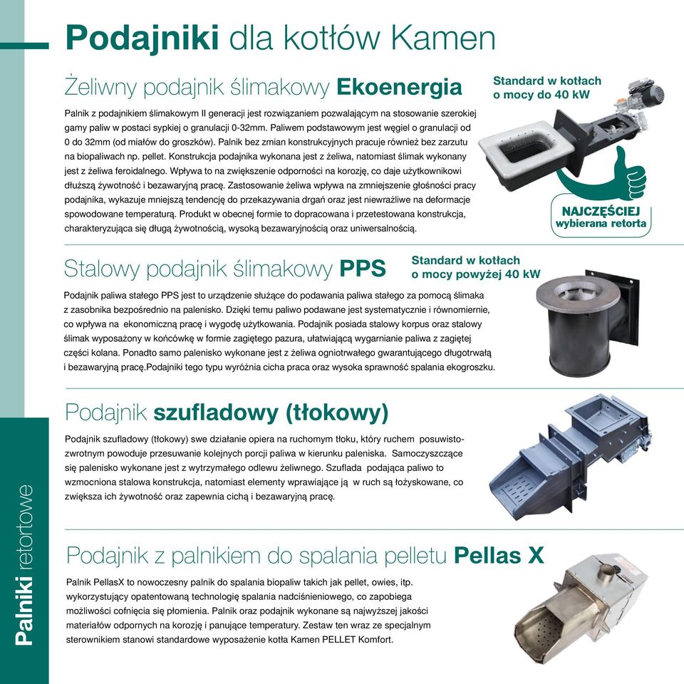 Konstrukcja podajnika wykonana jest z żeliwa, natomiast ślimak wykonany jest z żeliwa feroidalnego.