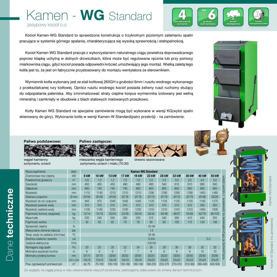 Kocioł Kamen-WG Standard pracuje z wykorzystaniem naturalnego ciągu powietrza doprowadzanego poprzez klapkę uchylną w dolnych drzwiczkach, która może być regulowana ręcznie lub przy pomocy