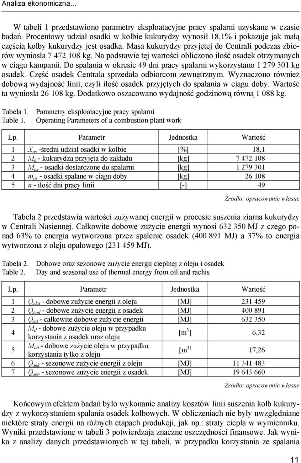 Na podstawie tej wartości obliczono ilość osadek otrzymanych w ciągu kampanii. Do spalania w okresie 49 dni pracy spalarni wykorzystano 1 279 301 kg osadek.