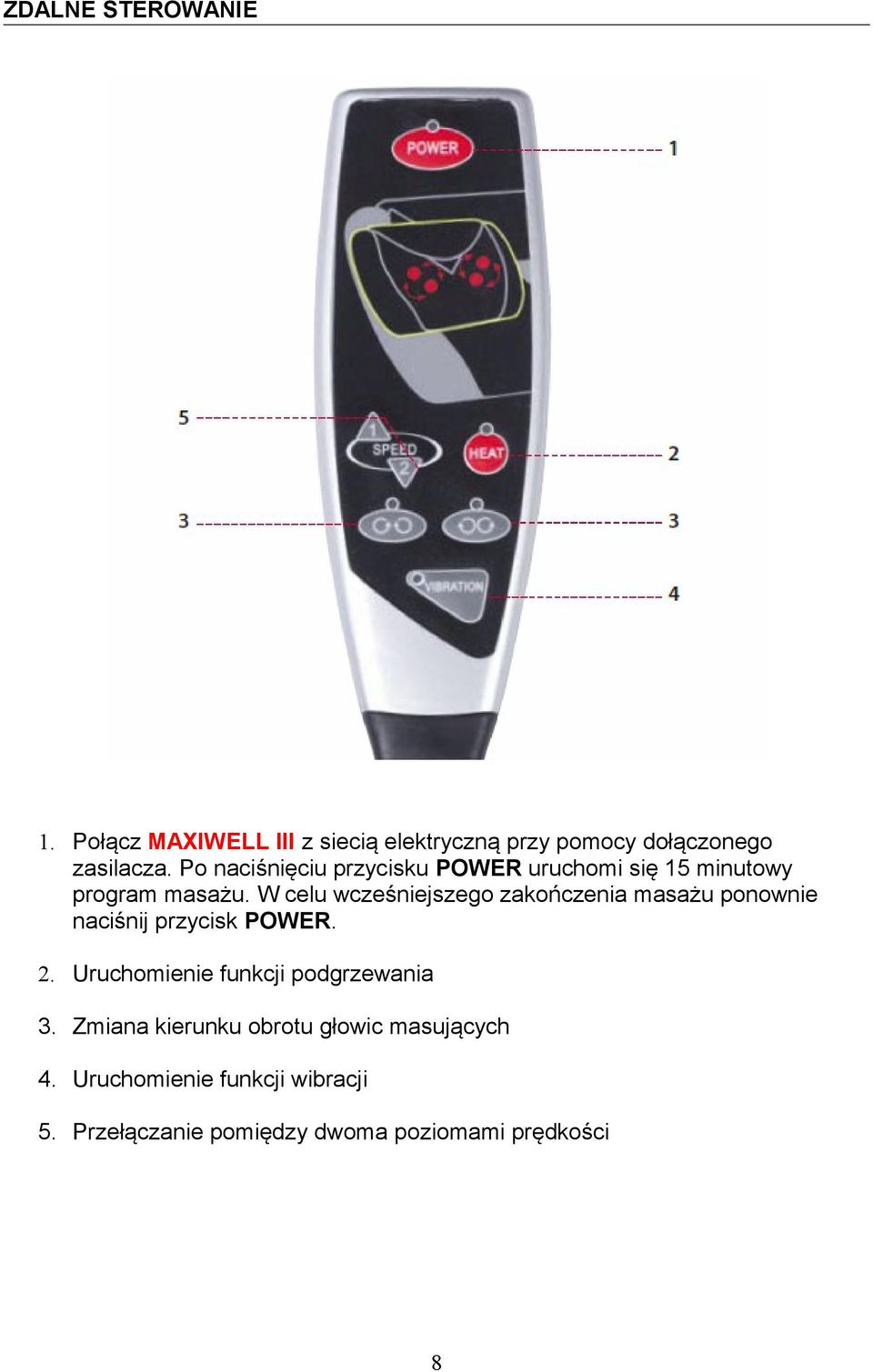 W celu wcześniejszego zakończenia masażu ponownie naciśnij przycisk POWER. 2.