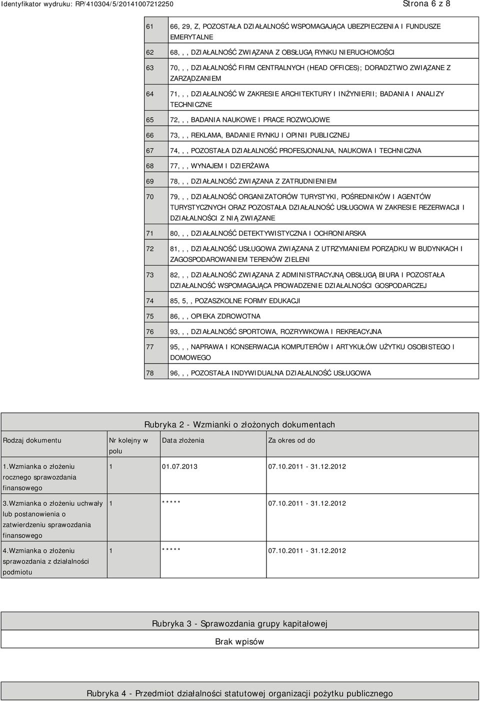 OPINII PUBLICZNEJ 67 74,,, POZOSTAŁA DZIAŁALNOŚĆ PROFESJONALNA, NAUKOWA I TECHNICZNA 68 77,,, WYNAJEM I DZIERŻAWA 69 78,,, DZIAŁALNOŚĆ ZWIĄZANA Z ZATRUDM 70 79,,, DZIAŁALNOŚĆ ORGANIZATORÓW TURYSTYKI,