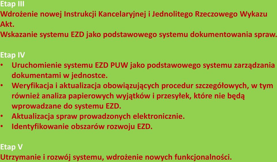 Etap IV Uruchomienie systemu EZD PUW jako podstawowego systemu zarządzania dokumentami w jednostce.