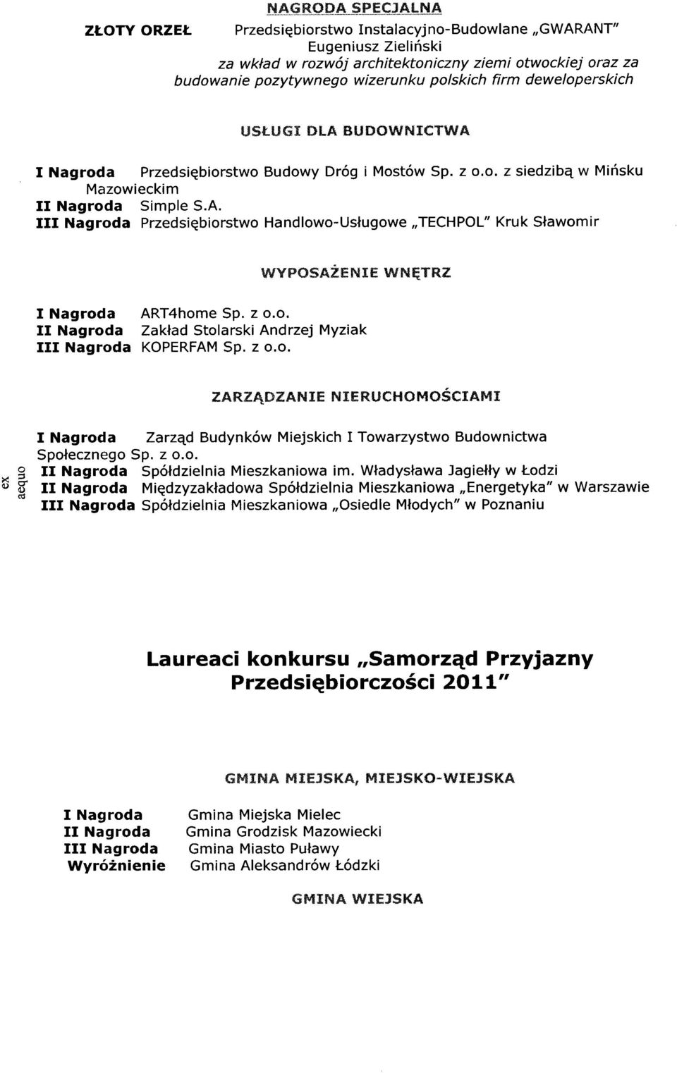 deweloperskich I Nagroda Przedsiębiorstwo Budowy Dróg i Mostów Sp. z 0.0. z siedzibą w Mińsku Mazowieckim II Nagroda Simple S.A.