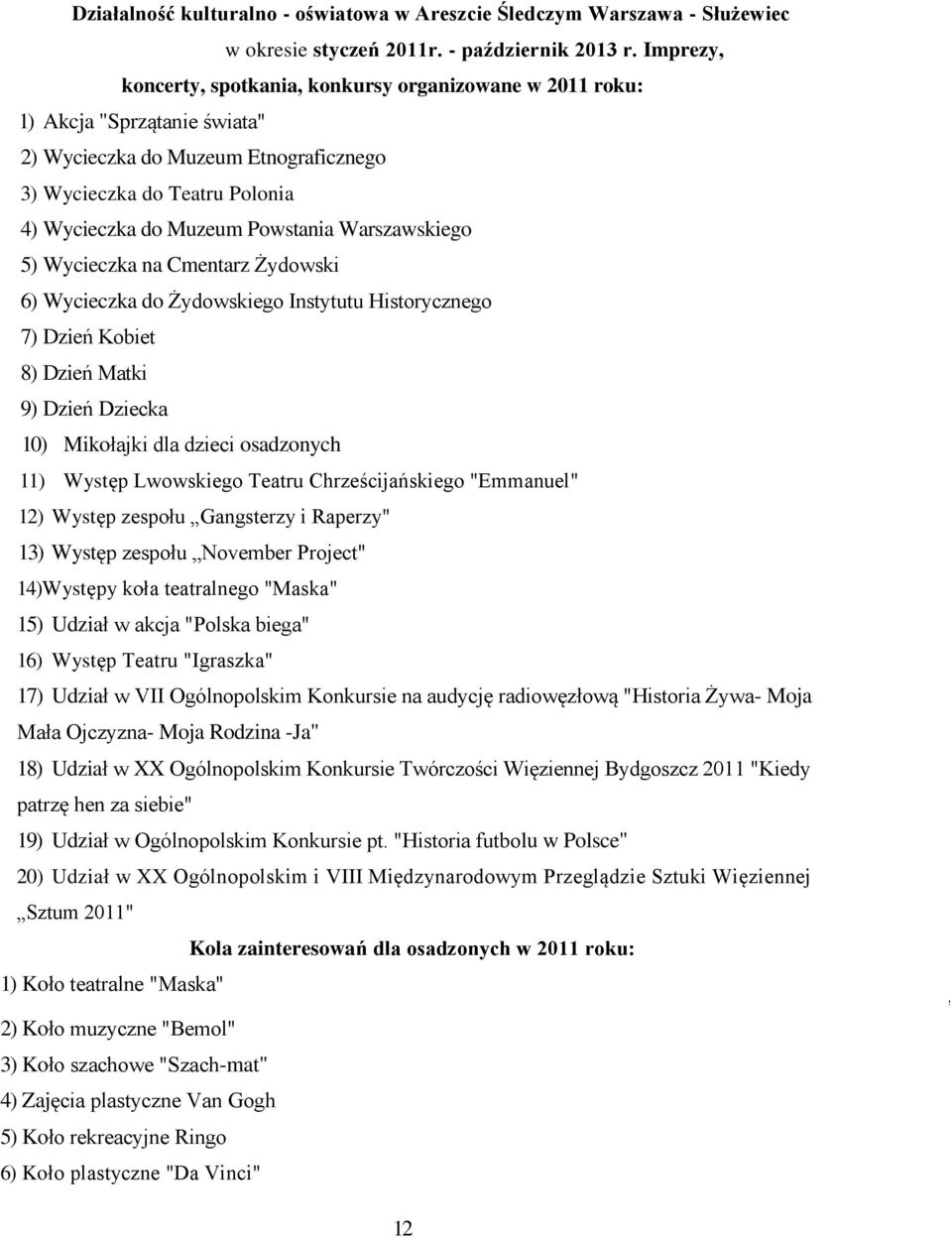 Warszawskiego 5) Wycieczka na Cmentarz Żydowski 6) Wycieczka do Żydowskiego Instytutu Historycznego 7) Dzień Kobiet 8) Dzień Matki 9) Dzień Dziecka 10) Mikołajki dla dzieci osadzonych 11) Występ