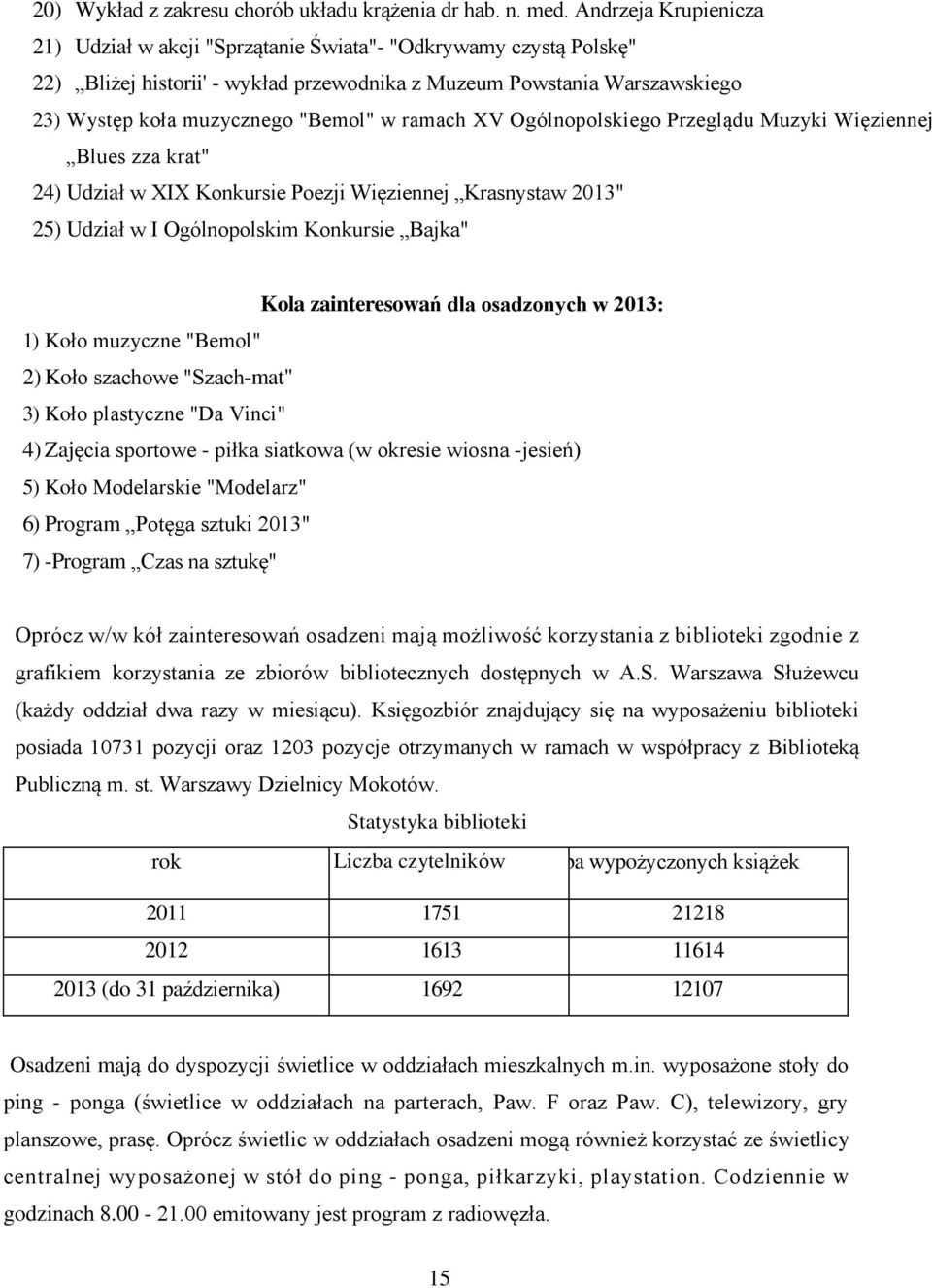 ramach XV Ogólnopolskiego Przeglądu Muzyki Więziennej Blues zza krat" 24) Udział w XIX Konkursie Poezji Więziennej Krasnystaw 2013" 25) Udział w I Ogólnopolskim Konkursie Bajka" Kola zainteresowań