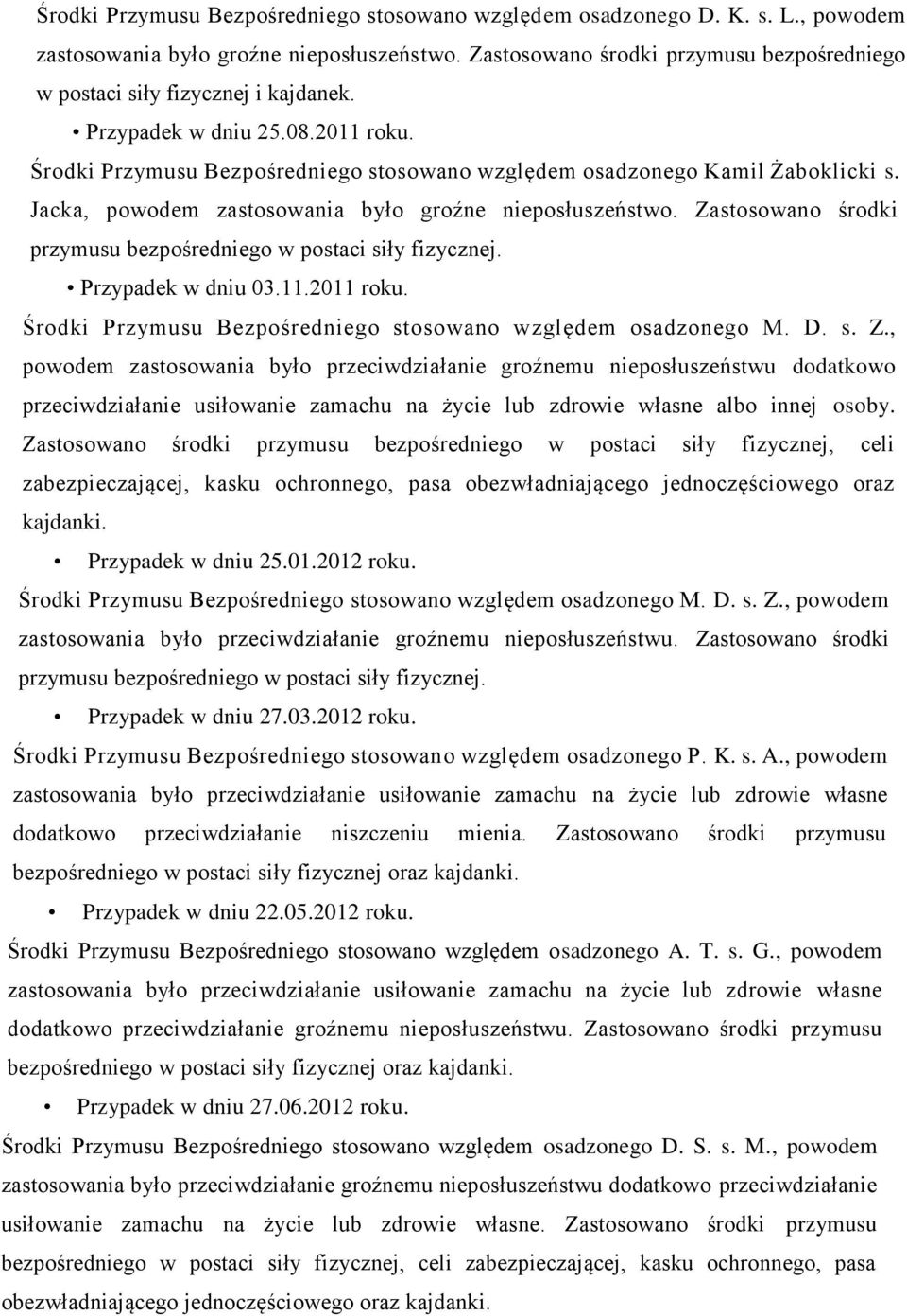 Jacka, powodem zastosowania było groźne nieposłuszeństwo. Zastosowano środki przymusu bezpośredniego w postaci siły fizycznej. Przypadek w dniu 03.11.2011 roku.