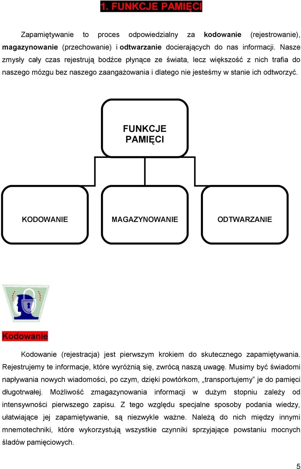 FUNKCJE PAMIĘCI KODOWANIE MAGAZYNOWANIE ODTWARZANIE Kodowanie Kodowanie (rejestracja) jest pierwszym krokiem do skutecznego zapamiętywania.