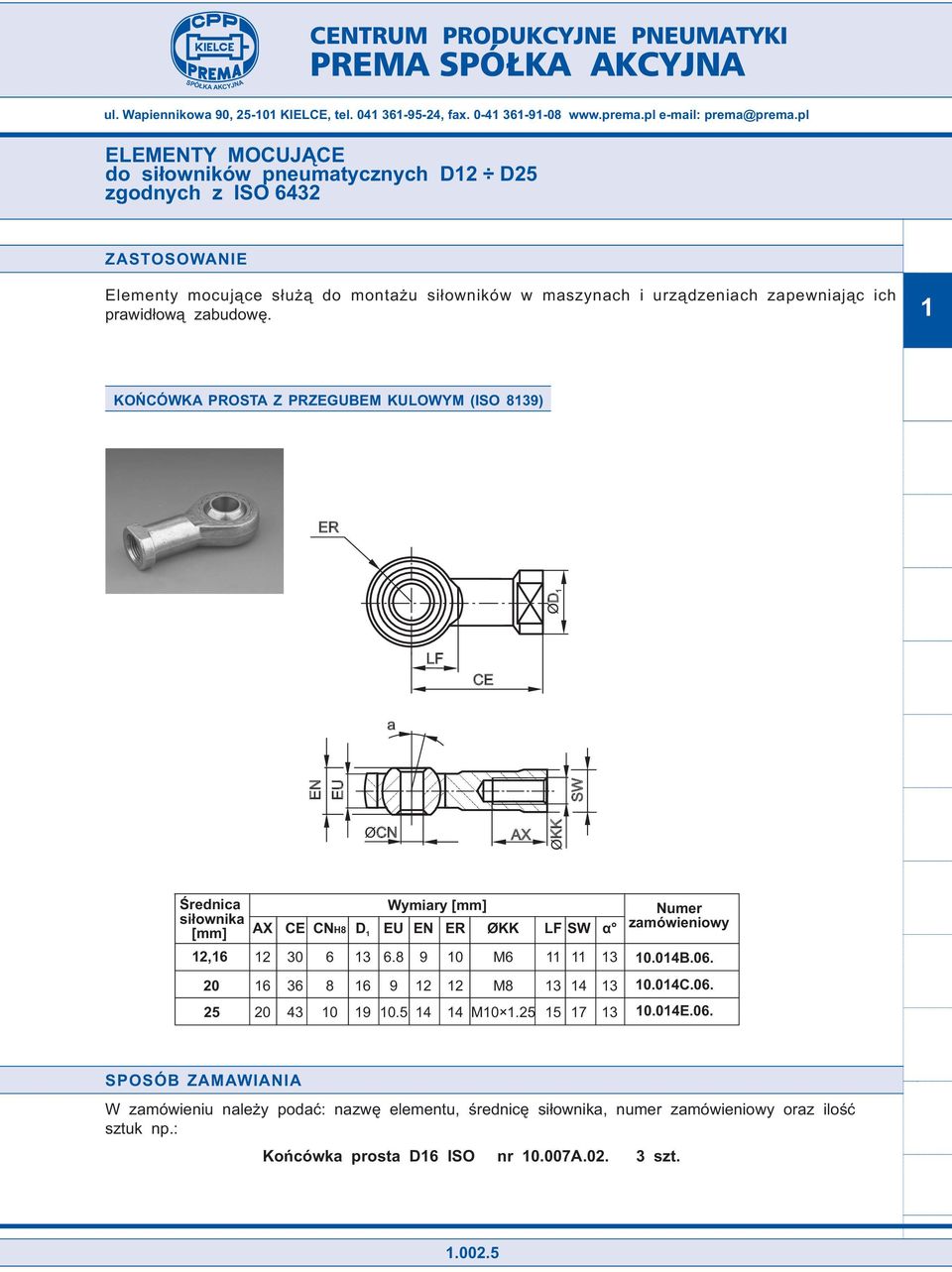 ich prawidłową zabudowę. KOŃCWK PROST Z PRZEGUBEM KULOWYM (ISO 839) ER ØD LF CE a EN EU SW ØCN X ØKK,6 5 X CE CNH8 D EU EN ER ØKK LF SW α 30 6 3 6.