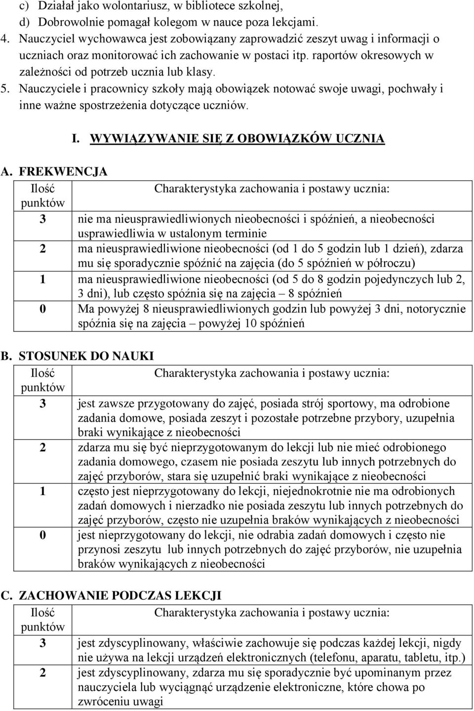 Nauczyciele i pracownicy szkoły mają obowiązek notować swoje uwagi, pochwały i inne ważne spostrzeżenia dotyczące uczniów. I. WYWIĄZYWANIE SIĘ Z OBOWIĄZKÓW UCZNIA A.