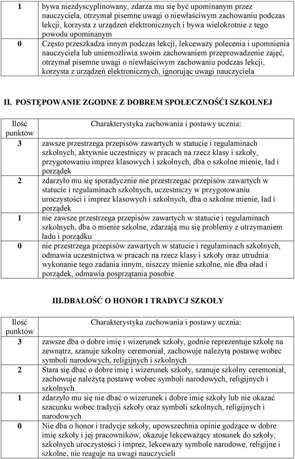 niewłaściwym zachowaniu podczas lekcji, korzysta z urządzeń elektronicznych, ignorując uwagi nauczyciela II.