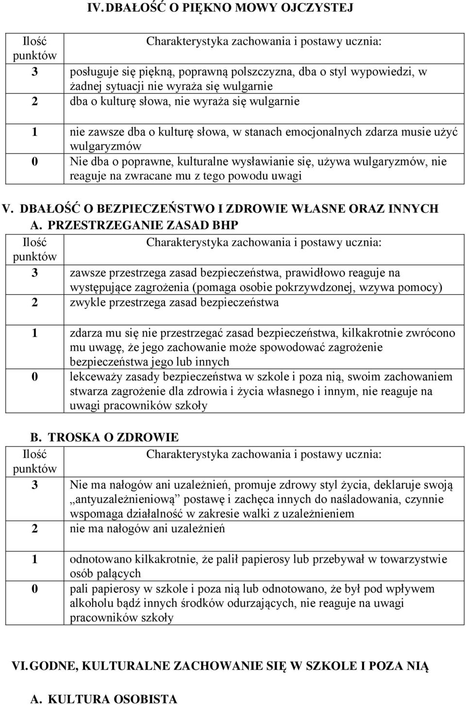 uwagi V. DBAŁOŚĆ O BEZPIECZEŃSTWO I ZDROWIE WŁASNE ORAZ INNYCH A.