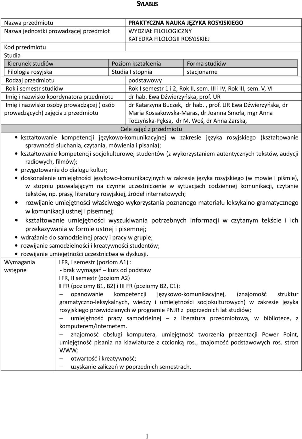 V, VI Imię i nazwisko koordynatora przedmiotu dr hab. Ewa Dźwierzyńska, prof. UR Imię i nazwisko osoby prowadzącej ( osób prowadzących) zajęcia z przedmiotu dr Katarzyna Buczek, dr hab., prof. UR Ewa Dźwierzyńska, dr Maria Kossakowska-Maras, dr Joanna Smoła, mgr Anna Toczyńska-Pęksa, dr M.